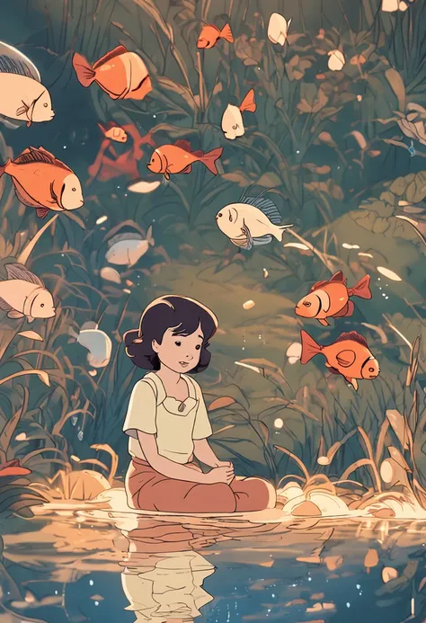 movie picture quality，Disney animation，Disney animated films，Chubby little girl sitting on a koi swimming in the sky，Short hair and small braids，Denim suspenders，The barefoot，depth of fields，high light，Real light，Ray traching，oc rendered，Hyper-realistic，be...