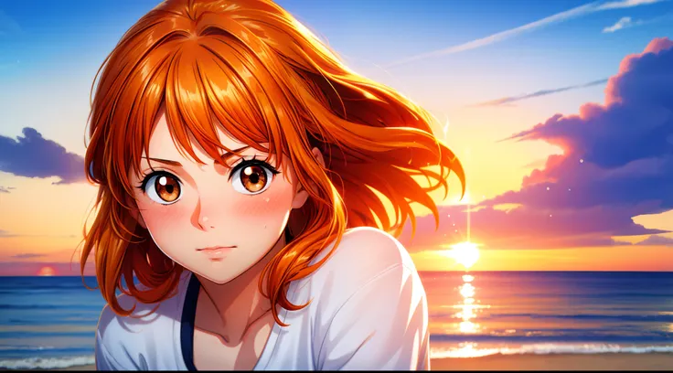 focused upper body, realistic, 1girl, orange hair and sparkling brown eyes, blush, sunset, at the beach, sunlight, (wearing white shirt)