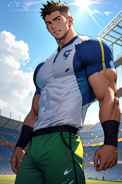 Draw a full-fledged athlete，Stand on the central field of the gym，He wears high-end sportswear，The man looks confident and determined，rays of sunshine，cheerful big breasts，Handsome，Crew cut，full bodyesbian，shooting from below，