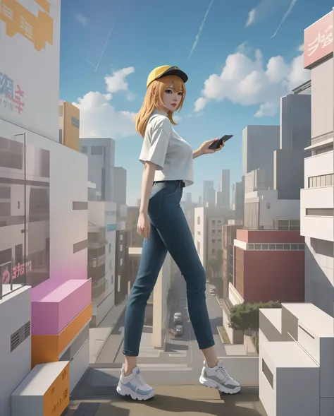 Anime characters walk through cities with many buildings, promotional render, tokio futuristic in background, Realistic anime 3 D style, pop japonisme 3 d ultra detailed, highly detailed giantess shot, Woman holding cell phone in her hand，Calling，anime sty...