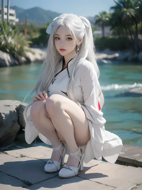 A high resolution, 1womanl, long  white hair, Black eyes, City heels, Squat，beachside，white dresses