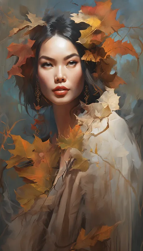 White face and white head，Asian woman holding microphone singing，Autumn leaves， beautiful fantasy portrait, beautiful fantasy art portrait, Beautiful surreal portrait, fantasy portrait, fantasy art portrait, detailed matte fantasy portrait, portrait of a d...