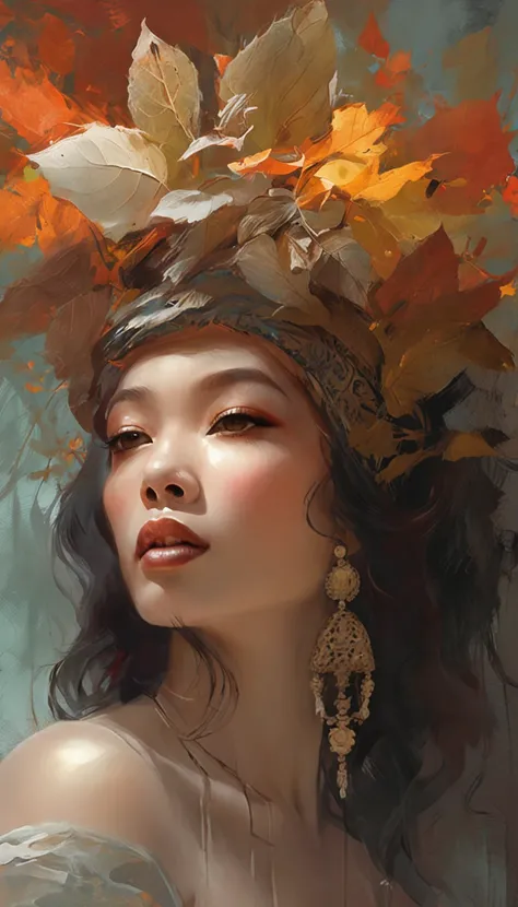 White face and white head，Asian woman holding microphone singing，Autumn leaves， beautiful fantasy portrait, beautiful fantasy art portrait, Beautiful surreal portrait, fantasy portrait, fantasy art portrait, detailed matte fantasy portrait, portrait of a d...