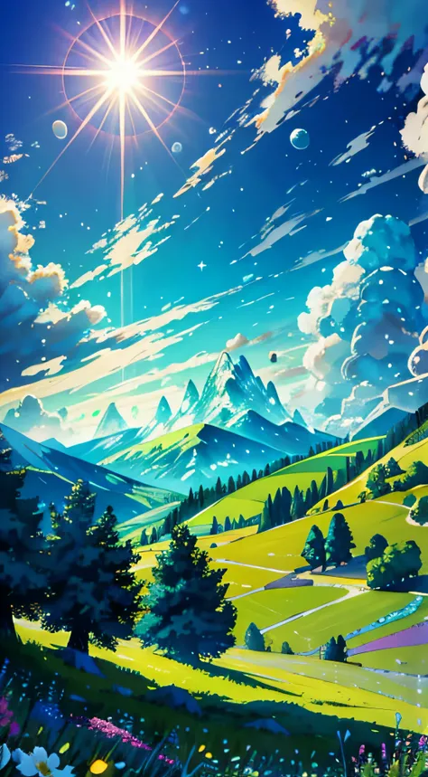 (From below, The sky above, Open the fields below), Blue sky, White clouds, Sun, Sunlight, spheres, Mountains, green trees, Butterfly, grassy fields, Flowers, Wind, Sunshine, (Dynamic composition: 1.4), rich details​, Rich in color, (Rainbow colors: 1.2), ...