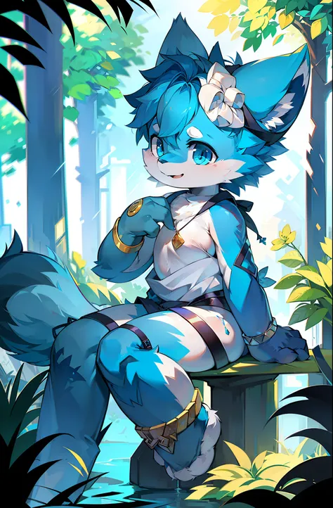 ember，solo person,shaggy male，Blue and white fur，Hair is black，blue colored eyes，The ears are mostly black，A small portion is white，Anime style cat with blue eyes and black tail， fursona art， very very beautiful furry art，， Furry art!!,Frafiniti Commission...