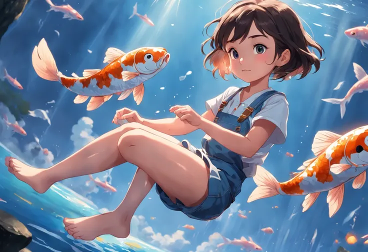 movie picture quality，Disney animation，Disney animated films，Little girl sitting on a giant koi flying in the sky，Thick clouds，Short hair and small braids，Denim suspenders，The barefoot，depth of fields，high light，Real light，Ray traching，oc rendered，Hyper-re...