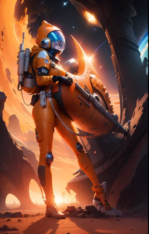 space girl in orange space suit, reloading after killing a space dragon, on a near lifeless alien desert planet.