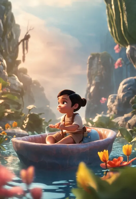 movie picture quality，Disney animation，Disney animated films，Chubby little baby girl sitting on a giant koi，Thick clouds under your feet，Short hair and small braids，Denim suspenders，The barefoot，depth of fields，high light，Real light，Ray traching，oc rendere...