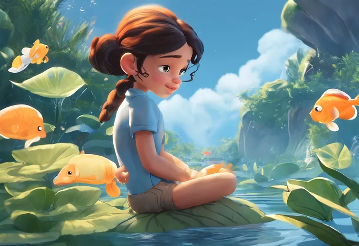 movie picture quality，Disney animation，Disney animated films，Little girl sitting on a koi swimming in the clouds of the sky，Short hair and small braids，Denim suspenders，The barefoot，depth of fields，high light，Real light，Ray traching，oc rendered，Hyper-reali...