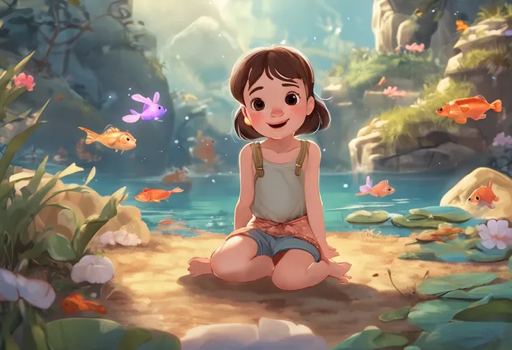 movie picture quality，Disney animation，Disney animated films，Little girl sitting on a koi swimming in the clouds of the sky，Short hair and small braids，Denim suspenders，The barefoot，depth of fields，high light，Real light，Ray traching，oc rendered，Hyper-reali...