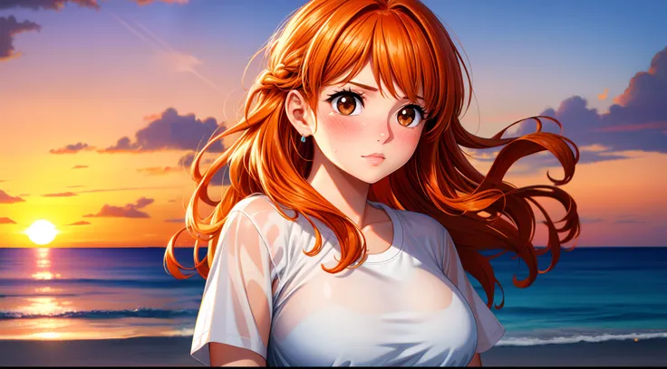 focused upper body, big bust, realistic, 1girl, orange hair and sparkling brown eyes, blush, sunset, at the beach, sunlight, (wearing white shirt)