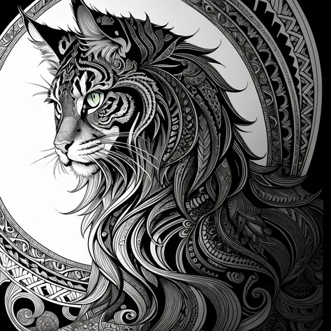 maincoon, black and white, zentangle (best quality) ultra-detailed, fine line drawing, fine line art, coloring book illustration style, intricate linework, highly detailed illustration, perfect composition, beautiful and stunning, dynamic angle, high contr...