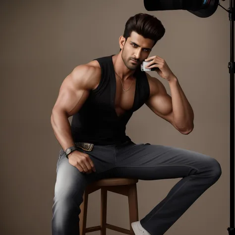 a close up of a man sitting on a stool holding a camera, mid-shot of a hunky, roshan, he is a rockstar, photoshoot, handsome and attractive, in a menacing pose, a handsome, handsome man, intense look, mm, profile pic, muscular!!!, morning shot, stylish pos...