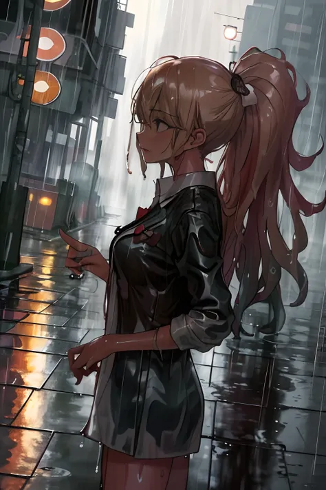 masterpeace, best quality, ((heavy rain)), (downpour, cloudburst), ((wet hair, wet body)), (girls bottom),  detailed skin, city street, evening, warm colors, (volumetric light, best shadows), reflections, highest quality