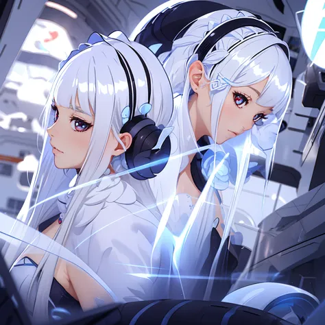 ((Best quality)), ((Masterpiece)), ((Ultra-detailed)), (illustration), (Detailed light),A young girl,Dramatic perspective,long  white hair,The back of the red pupil