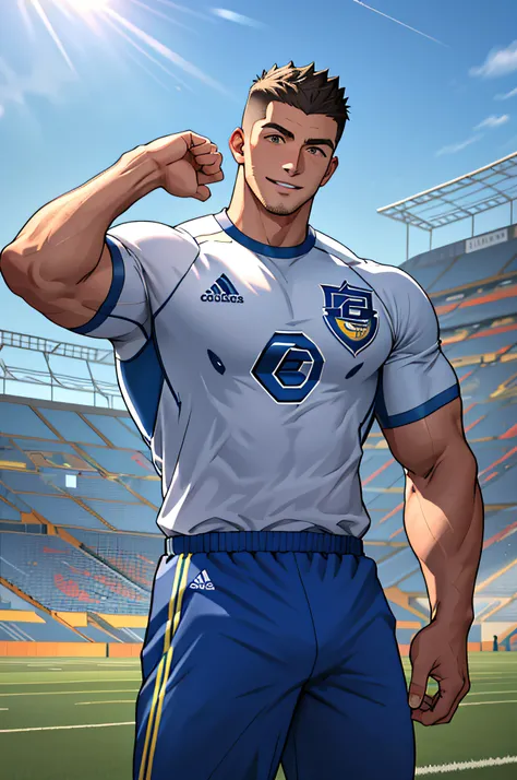 Draw a full-fledged athlete，Stand on the central field of the gym，He wears high-end sportswear，The man looks confident and determined，rays of sunshine，cheerful big breasts，Handsome，Crew cut，full bodyesbian，shooting from below，