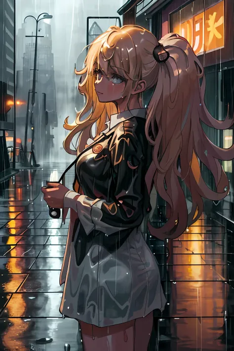 masterpeace, best quality, ((heavy rain)), (downpour, cloudburst), ((wet hair, wet body)), (girls bottom),  detailed skin, city street, evening, warm colors, (volumetric light, best shadows), reflections, highest quality