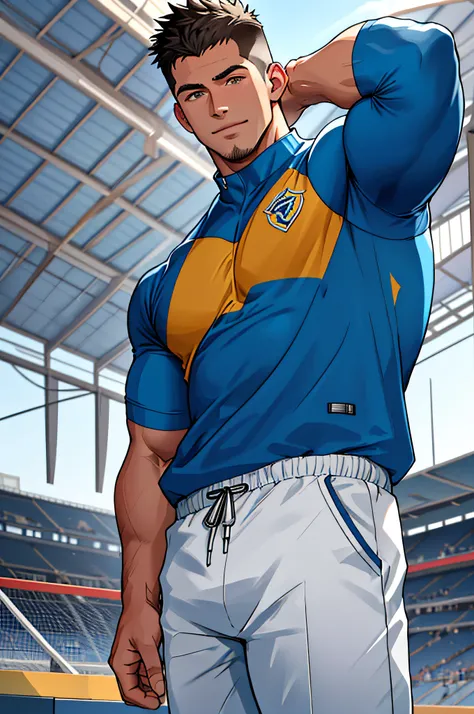 Draw a full-fledged athlete，Stand on the central field of the gym，He wears high-end sportswear，The man looks confident and determined，rays of sunshine，cheerful big breasts，Handsome，Crew cut，full bodyesbian，shooting from below，