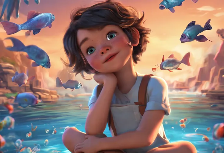 movie picture quality，Disney animation，Disney animated films，Little girl sitting on a koi swimming in the clouds of the sky，Short hair and small braids，Denim suspenders，The barefoot，depth of fields，high light，Real light，Ray traching，oc rendered，Hyper-reali...