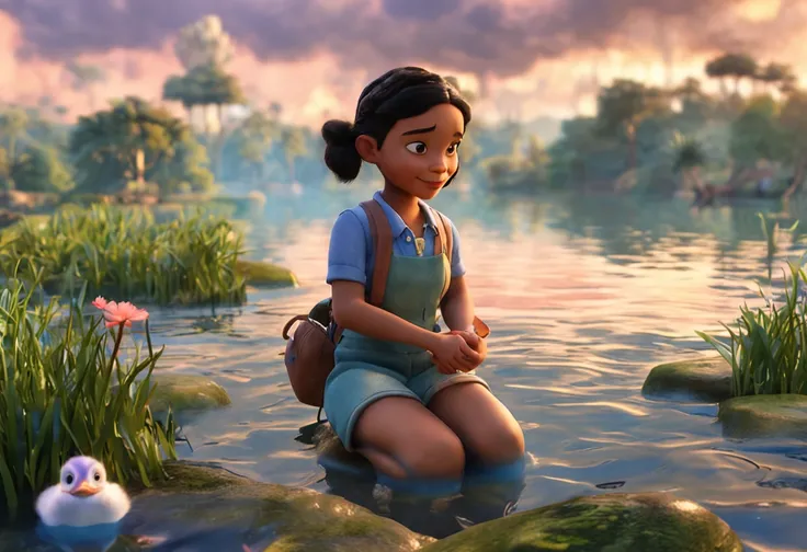 movie picture quality，Disney animation，Disney animated films，Little girl sitting on a koi swimming in the clouds of the sky，Short hair and small braids，Denim suspenders，The barefoot，depth of fields，high light，Real light，Ray traching，oc rendered，Hyper-reali...