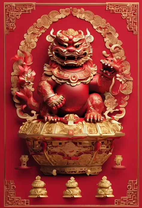 Divine beast Pixiu beckons wealth into treasure red background