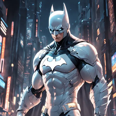 A realistic depiction of an advanced cyber suit-wearing white Batman.