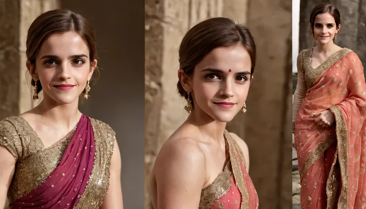 "Emma Watson, in her 30s, donning an exquisite Indian saree, showcasing intricate details from head to toe. She radiates a charming smile with a hint of shyness, accentuating every facet of her beauty, adorned with elegant jewelry."