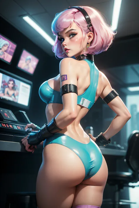 1. girl view from behind, there is a woman in bikini-style pantie , small white bra, medium breasts, a lot of cleavage 60s sci-fi pinup style, inspired by David LaChapelle, as a retro futuristic heroine, leeloo outfit, cypherpunk fashion illustration, eigh...