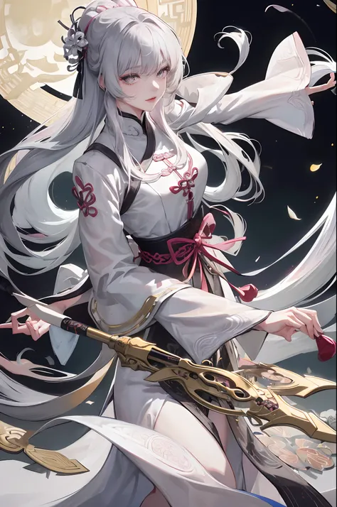 8K, Masterpiece, Best quality, Night, full moon, 1 girl, Chinese style, Chinese architecture, Mature woman, sister, Silver white long haired woman, Long hair, Light pink lips, calm, logical, bangs, Gray pupils, assassins, Fan, Knife fan, petal dancing, Del...