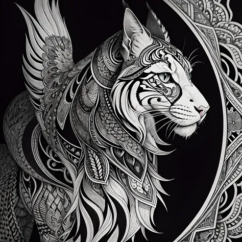 maincoon, black and white, zentangle (best quality) ultra-detailed, fine line drawing, fine line art, coloring book illustration style, intricate linework, highly detailed illustration, perfect composition, beautiful and stunning, dynamic angle, high contr...