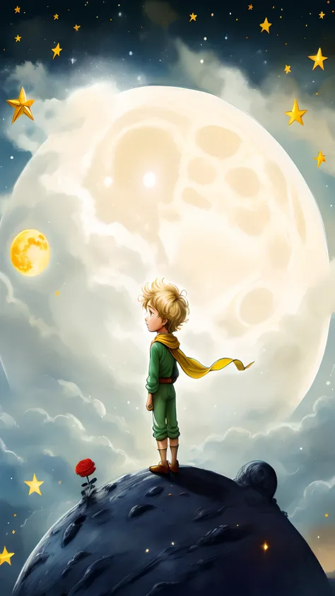 there is a little boy standing on a hill looking at the moon, the little prince, fan art, key art, epic full color illustration, epic digital art illustration, official illustration, official art, hd wallpaper, wallpaper - 1 0 2 4, highly detailed exquisit...