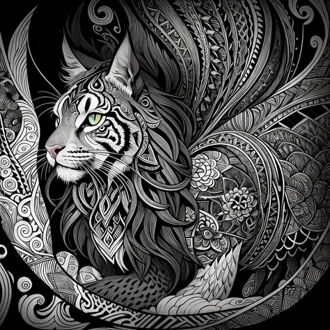 maincoon, black and white, zentangle (best quality) ultra-detailed, fine line drawing, fine line art, coloring book illustration style, intricate linework, highly detailed illustration, perfect composition, beautiful and stunning, dynamic angle, high contr...