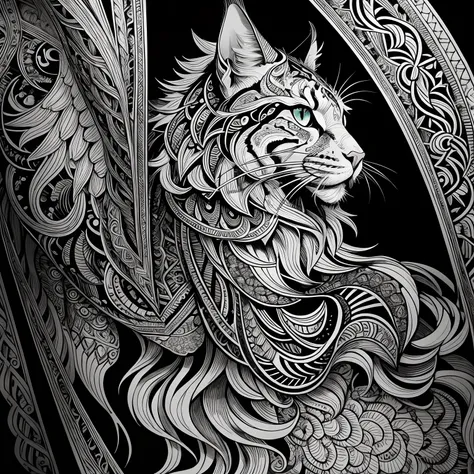 maincoon, black and white, zentangle (best quality) ultra-detailed, fine line drawing, fine line art, coloring book illustration style, intricate linework, highly detailed illustration, perfect composition, beautiful and stunning, dynamic angle, high contr...