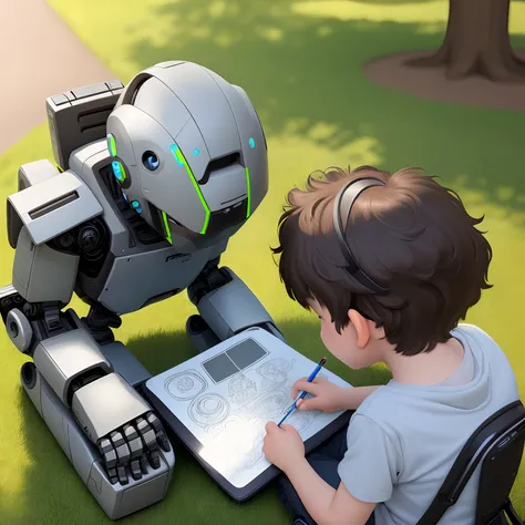 Two human 10 year old boys drawing robots together in the park
Silhouette only