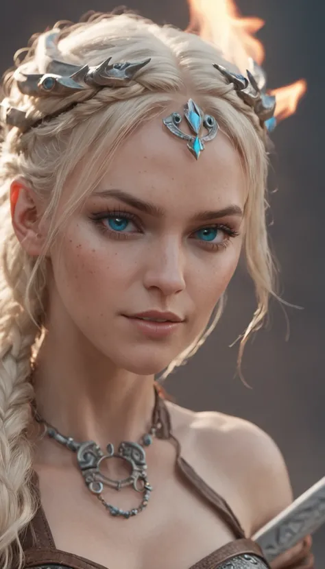 female viking with wolf companion ,Glow, seductive, glowing blue eyes, fire, platinum blonde, (blonde:1.1), sexy, small chest, small breasts, highly detailed eyes, (ultra photorealistic:1.3), ((realistic)), ultra detailed, ((real image)), ((realistic skin)...