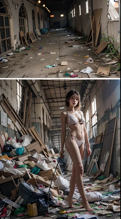 tmasterpiece，abandoned building，Garbage all over the ground，grimy，full-body portraits，Sexy standing pose，Slim legs，very beautiful long slim legs，The barefoot，Naked all over the body，full body exposed，exhibitionists，Systemic random exposure