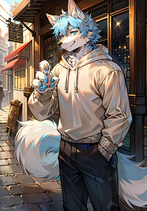 coyote，Light blue hair，Sepia eyes，large and bright eyes，Wolf ears，s the perfect face，No spots，The smile exudes incomparable handsomeness，，The presence of humanoid creatures，A masterpiece of smiling，High quality work，The mouth and stomach are dotted with wh...