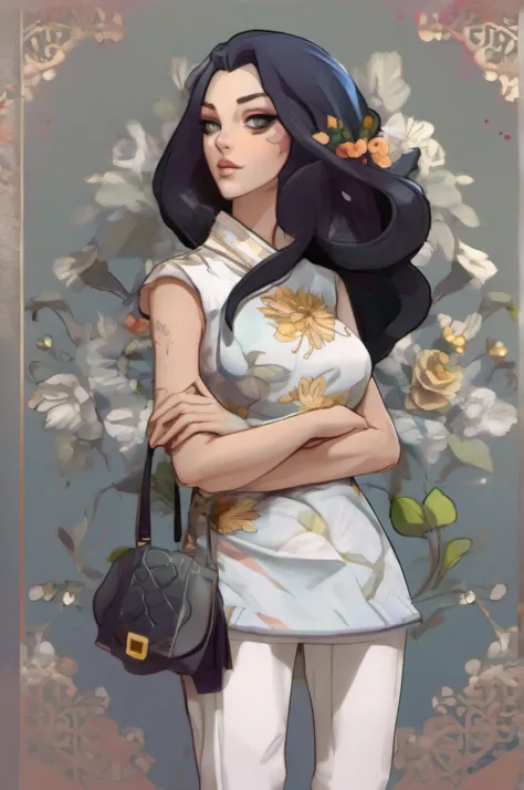 Create a character in the style of Skullgirls: Young white woman with long black hair, decorated with watercolor flowers. She should have wide hips, small waist, and a modest bust, Keeping the cartoon charm alive. Create a random pose, Using watercolors an...