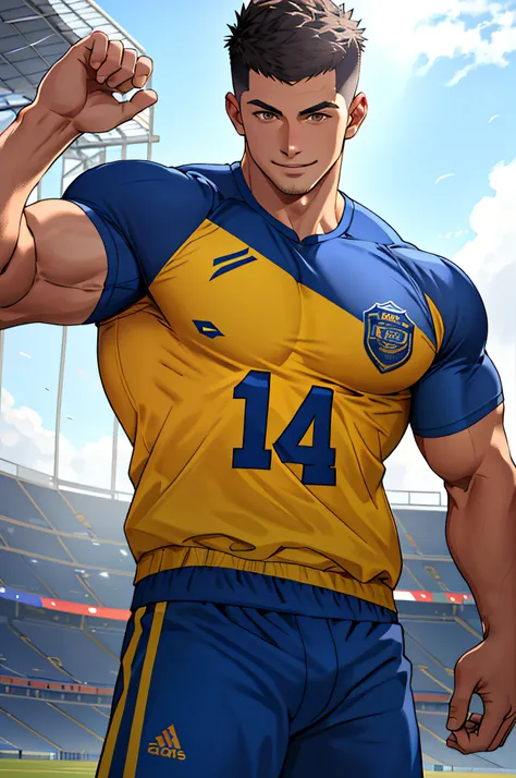 Draw a full-fledged athlete，Stand on the central field of the gym，He wears high-end sportswear，The man looks confident and determined，rays of sunshine，cheerful big breasts，Handsome，Crew cut，full bodyesbian，shooting from below，