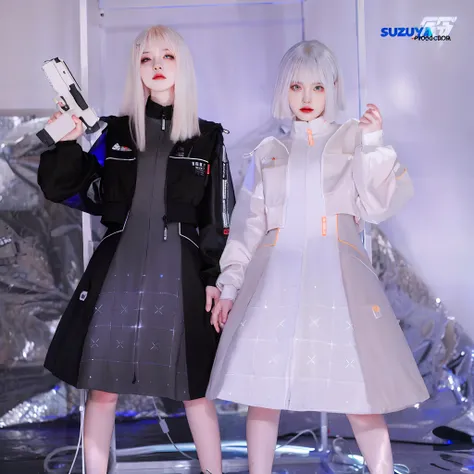 Two women in costume posed for photos with guns, cyberpunk streetwear, wearing space techwear, futuristic outfit, wearing cyberpunk streetwear, cyberpunk fashion clothes, Cyberpunk costumes, Cyberpunk dress, Cyberpunk clothes, Futuristic clothing, muted cy...