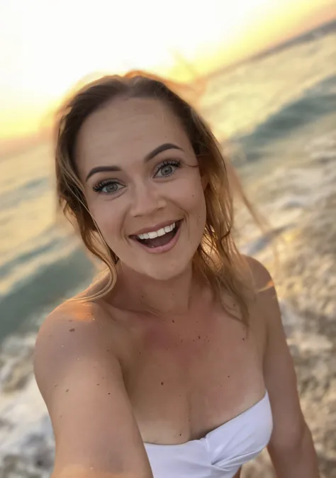 Arafed woman in white bikini on the beach at sunset, beautiful and smiling, smiling happily at the camera, headshot profile picture, posing on a beach with the ocean, selfie photography 8k, she is smiling and excited, brooke ashling, Cheeky smile, Smiling ...