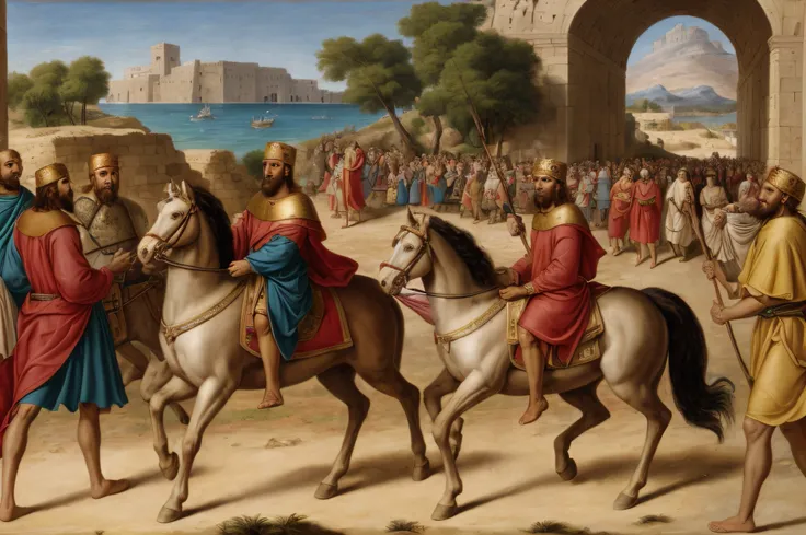 A detailed portrait of the triumphal entry of King David entering the island after a successful siege.