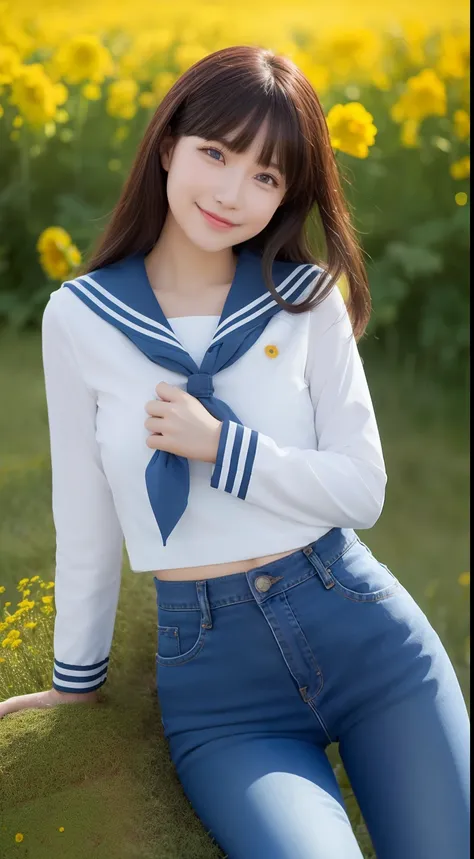 A smiling girl，Wear a tight sailor suit，denim pant，Lying on a large mossy rock in the middle of a field of rape flowers，com rosto detalhado，The eyes are delicate，The photo quality is the best，Realistic image quality，Background diffuse lighting，Depth of fie...