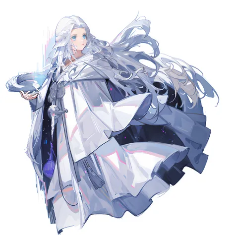 woman in white robes holding books and books, white haired god, flowing white robes, very long white cloak, white cloak, visual ...