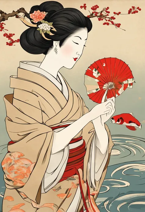 best quality, style of Kitagawa Utamaro, Ukiyo-e, a dancing woman, (floating koi fish), flying carp