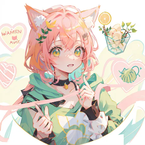 Anime girl with pink hair and green eyes make peace sign, cute anime catgirl, anime girl with cat ears, anime catgirl, nyaruko-san, Girl with cat ears, Anime moe art style, beautiful anime catgirl, with index finger, anime visual of a cute girl, Very beaut...