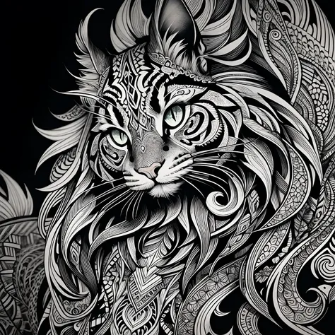 maincoon, black and white, zentangle (best quality) ultra-detailed, fine line drawing, fine line art, coloring book illustration style, intricate linework, highly detailed illustration, perfect composition, beautiful and stunning, dynamic angle, high contr...