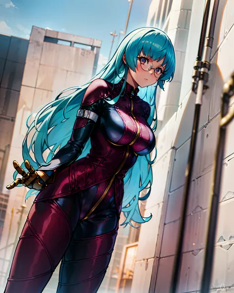 (masterpiece), best quality, high resolution),cowboy shot, 1girl, solo, kulams, bodysuit, gloves, zipper, masterpiece, best quality, (((glasses))), ((rim-less eyewear)), (((mature female))), tall, beautiful, medium breast, milf, (eyewear:0.9), armored dres...