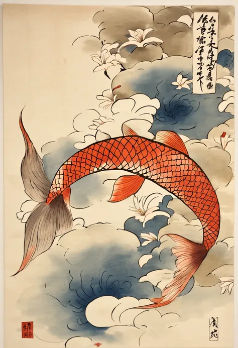 best quality, style of Kitagawa Utamaro, Ukiyo-e, a dancing woman, (floating koi fish), flying carp, swimming goldfish