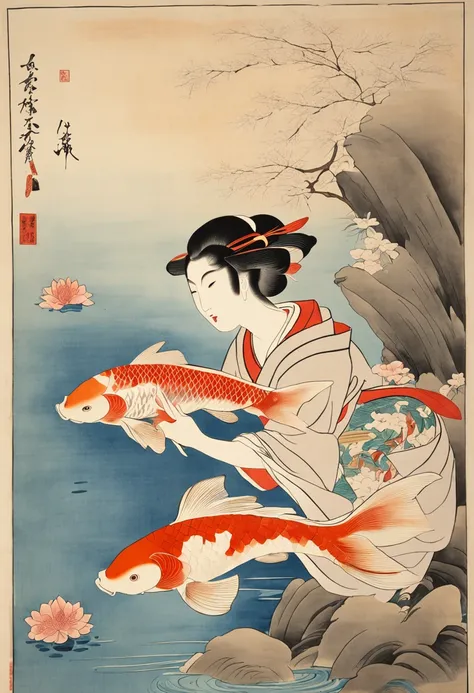 best quality, style of Kitagawa Utamaro, Ukiyo-e, a dancing woman, (floating koi fish), flying carp, swimming goldfish